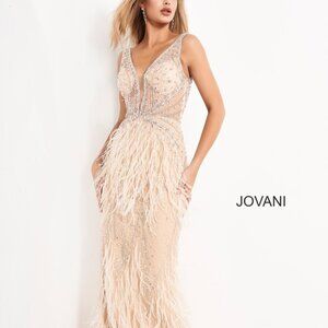 Jovani - 03023 BLUSH - Sheer Bodice Beaded Feather Mermaid Evening Gown